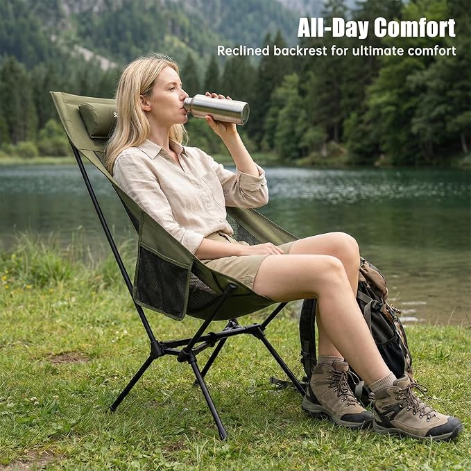 SUNNYFEEL High Back Camping Chair, 15 Second Setup Frame, 330lb Capacity, Portable Backpacking Chair, Lightweight & Compact Folding Camp Chair for Hiking Camping, Army Green
