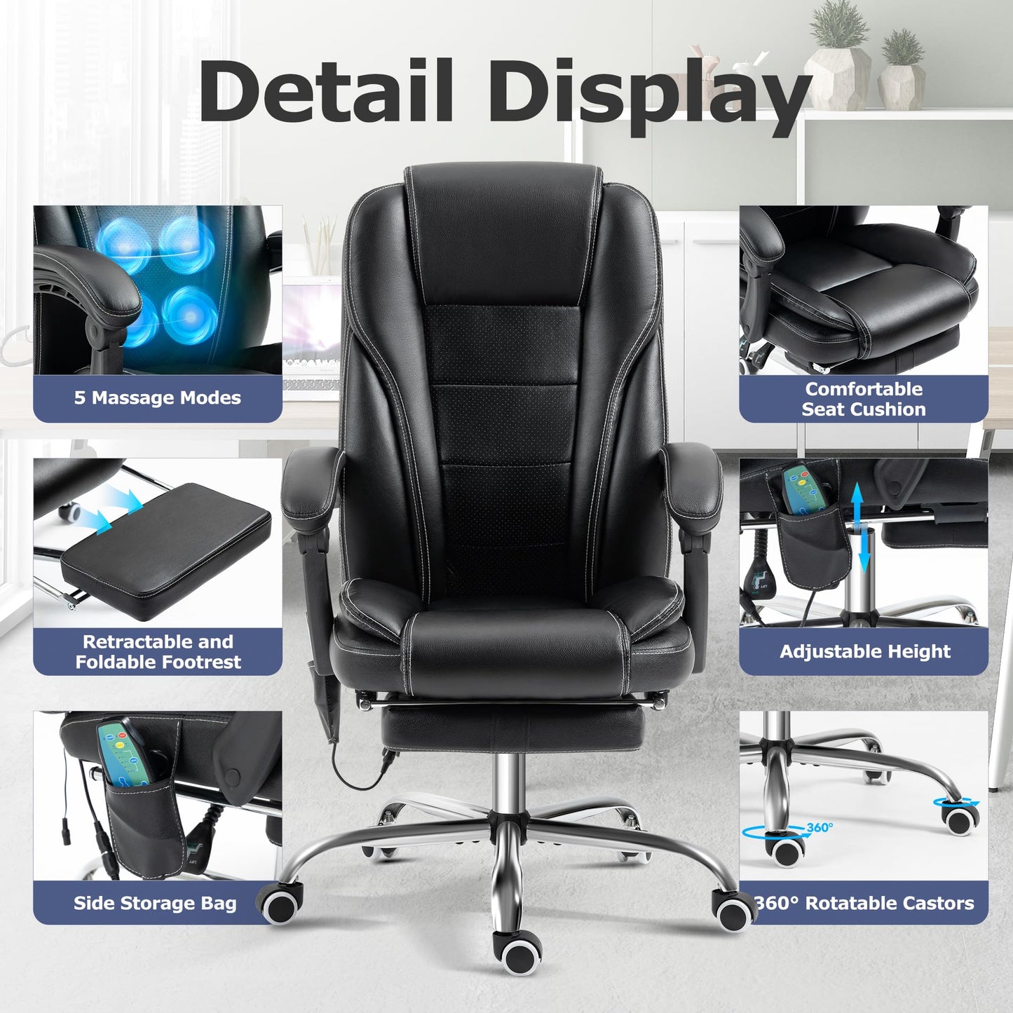 TonghuaS Reclining Massage Office Chair with Footrest, High Back Ergonomic Executive Chair with Heating and Vibration Function(Black)