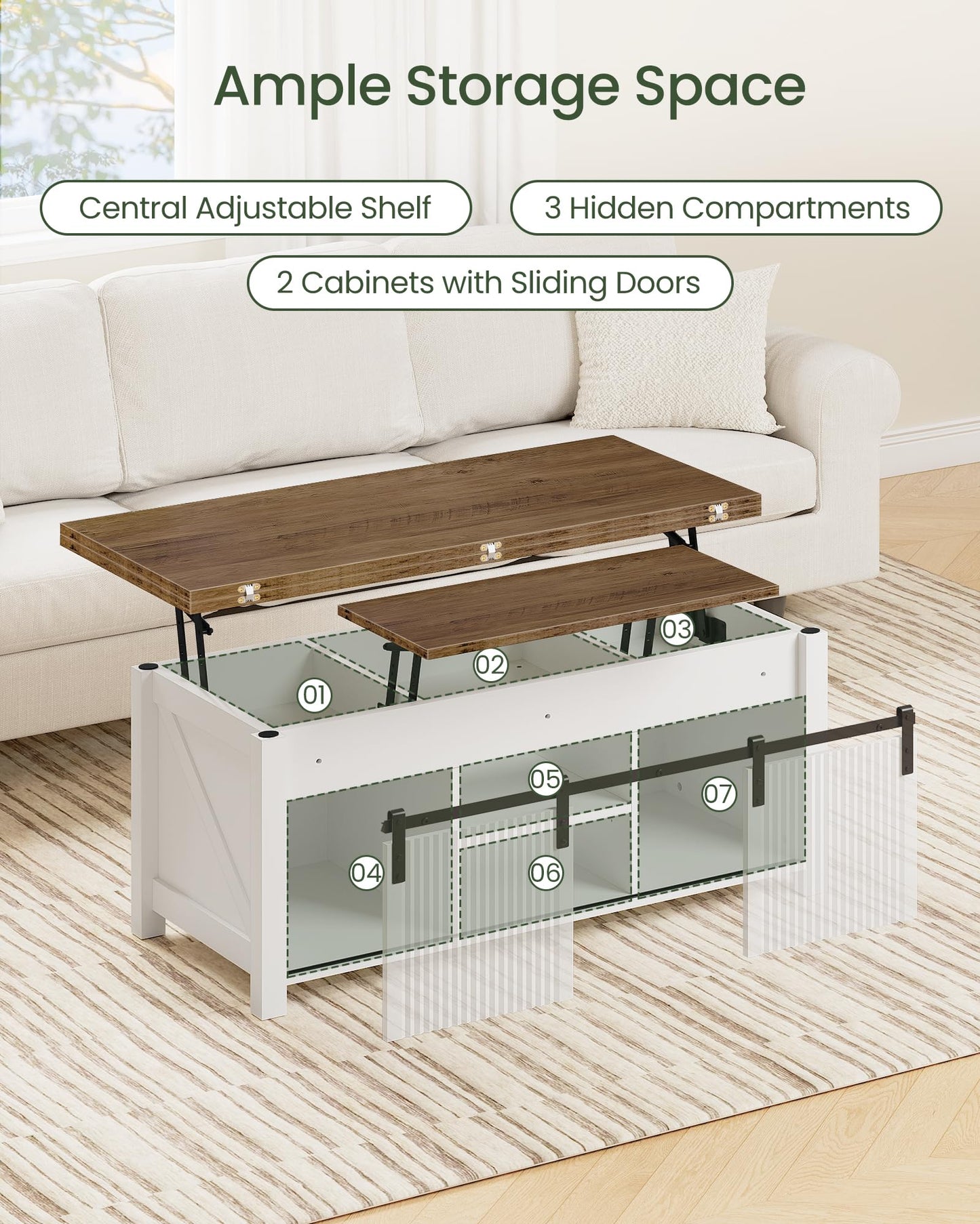 CHOEZON Coffee Table Lift Top, 4 in 1 Convertible Coffee Table, Farmhouse Coffee Tables, with Hidden Compartments, with Sliding Doors, for Living Room, Apartment, White and Walnut MKF01WL
