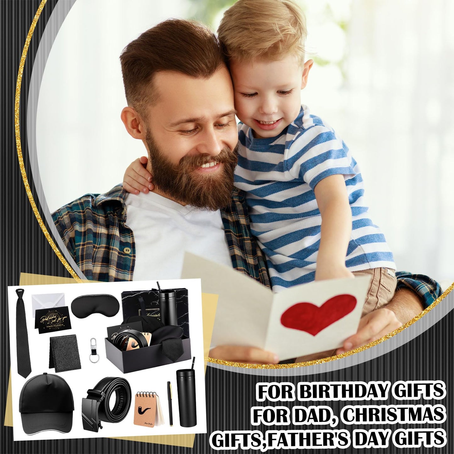 AmazingSpark 2 Pcs Birthdays Gift Baskets for Men Box 16 oz Tumbler Wallet Eye Mask PU Leather Belt Tie Keychain Pen Journal Hat Card Set for Dad Husband Brother(Business Gift Box)