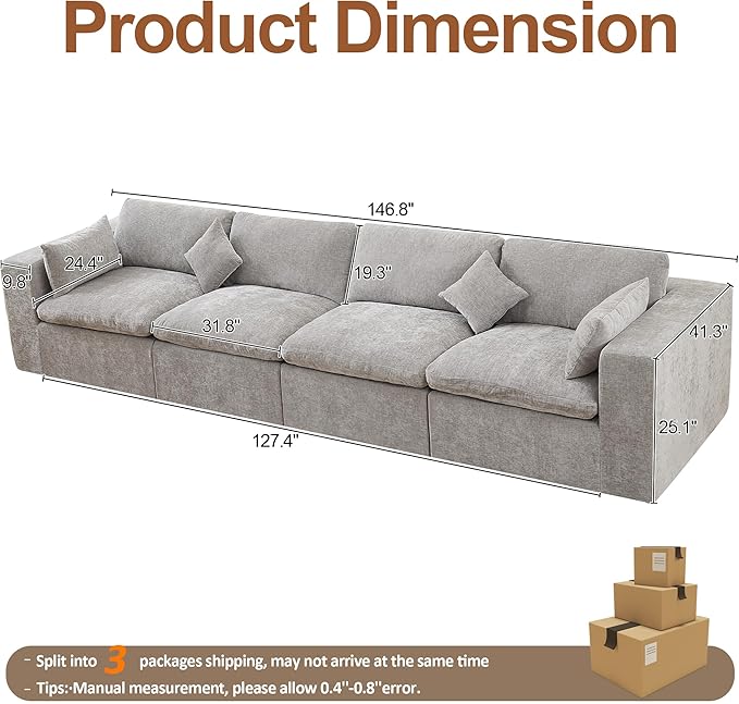 155''Cloud Boneless Sectional Couch, Modular Sectional Sofa Deep Seat, Oversized Upholstered Convertible Comfy 4 Seater Chenille Memory Foam Sofa Couches for Living Room, Light Grey