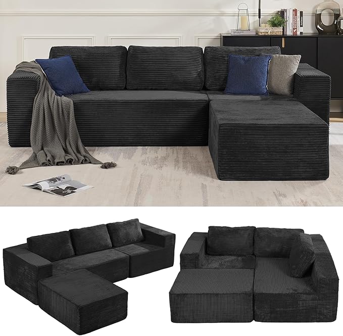 Furnify 40" Memory Foam Couch Footrest, Cloud Modular Sofa with Removable Cover, Upholstered Sofa Ottoman, Upholstered Sofa for Bedroom Living Room, No Assembly Required (Plush Corduroy Fabric, Black)