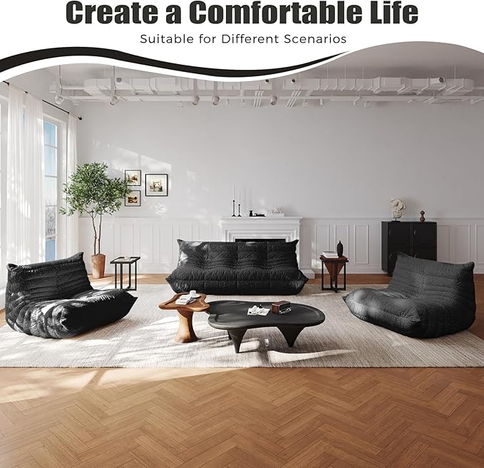 Selyteramy Bean Bag Chairs for Adults, Giant Bean Bag Chair Sofa with Memory Foam, Black, 3 Seat