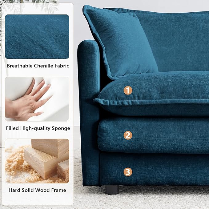 mikibama Luxury Modular Sectional Sofa, 111.5" Modern Chenille Comfy Cloud Couches for Living Room Office, 3 Seater Deep Sofa with 2 Armrest Pillows and 3 Toss Pillows, Blue