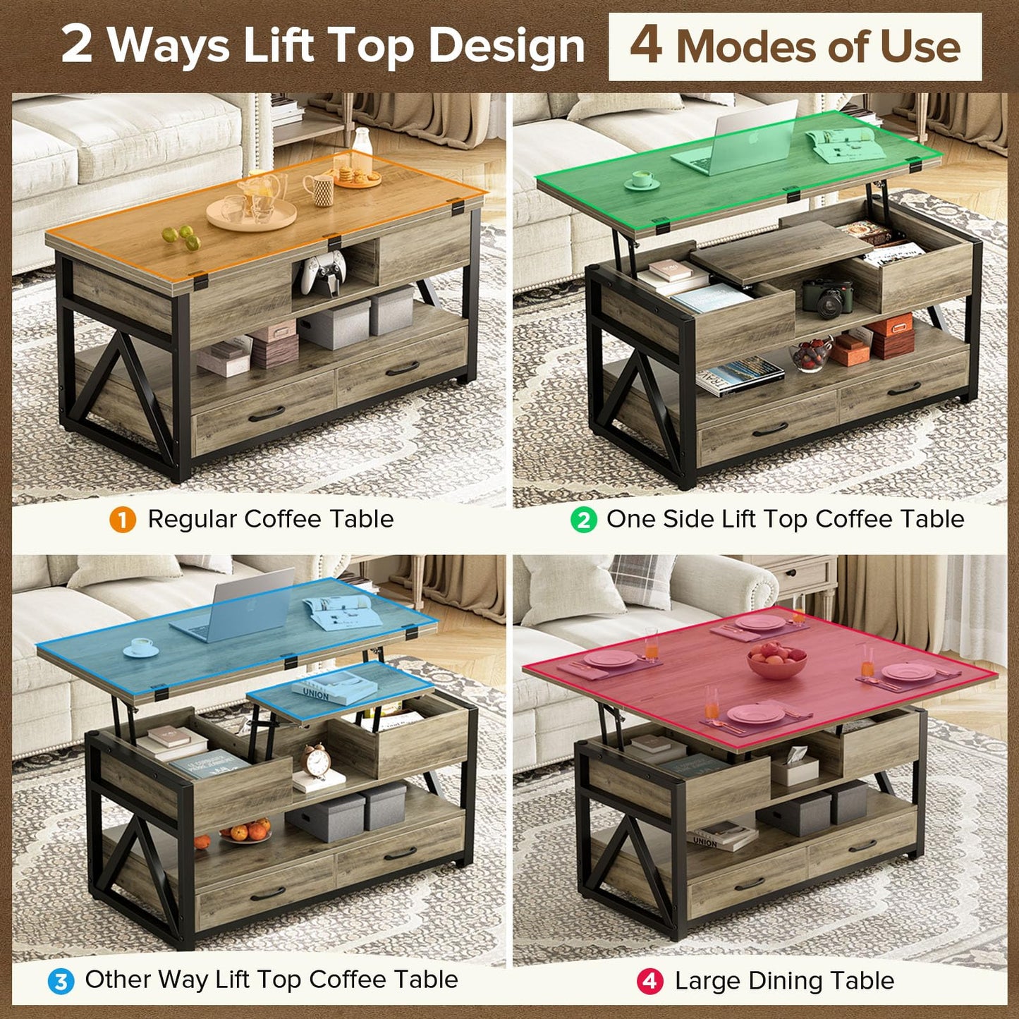 Memobarco 40" Lift Top Coffee Table,4 in 1 Multi-Function Lift Coffee Tables with Storage Drawers and Hidden Compartmen,Farmhouse Coffee Table with Lifting top for Living Room,Grey