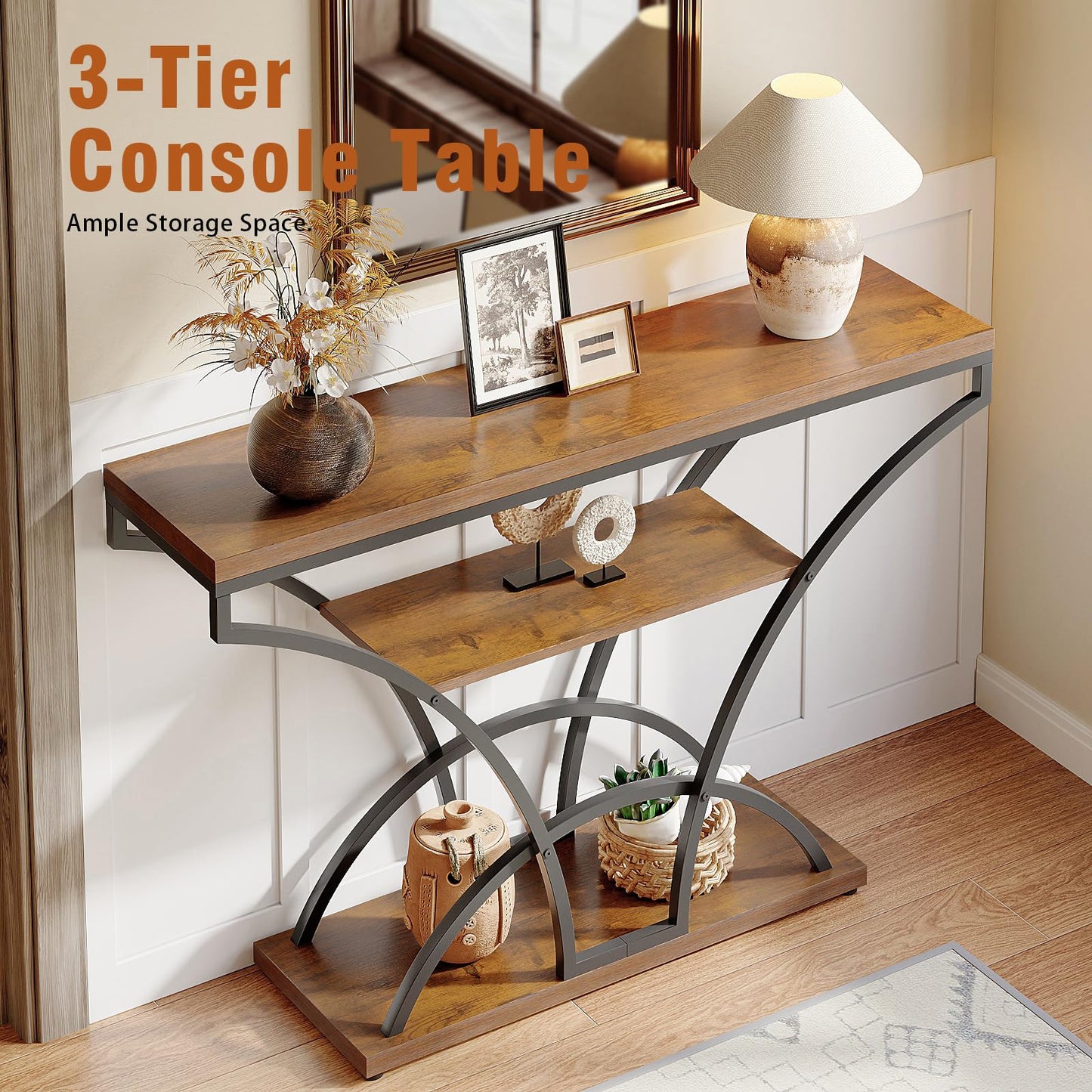 Espelism 47.2" Console Table for Entryway, 3-Tier Narrow Sofa Table with Curved Frame, Industrial Rustic Wood Accent Table with Storage Shelves for Hallway, Living Room, Foyer (Brown, 47.2")