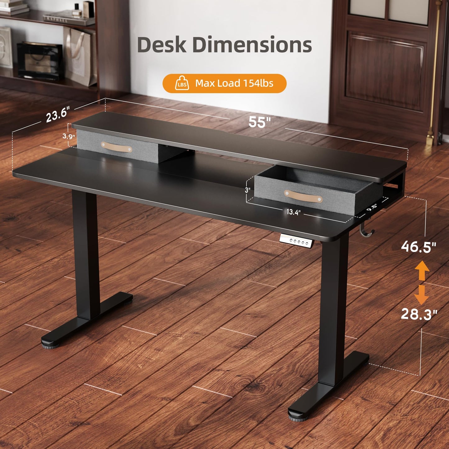 Seang Electric Standing Desk with 2 Drawers, Adjustable Standing Desk with Storage Shelf, Height Adjustable Stand up Desk for Home Office with 3 Presets & 2 Hooks,55 Inch, Black