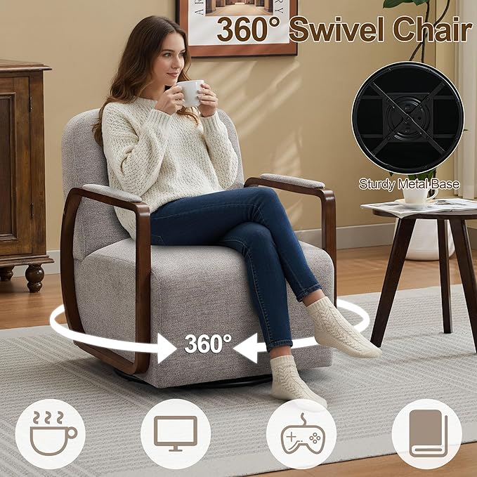 CACFTII 32" Chenille Upholstered Swivel Accent Chair, 360° Rotating Metal Base Modern Lounge Chair with Wooden Armrests for Living Room Bedroom, Brown