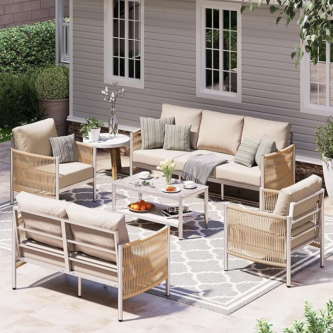 Aluminum Outdoor Patio Furniture Set, HDPE Rope 5 Piece Modern Sectional Conversation Sets with Dual-Layer Coffee Table, All Weather Patio Couch Sofa with Thick Cushions, Silver Frame, Beige