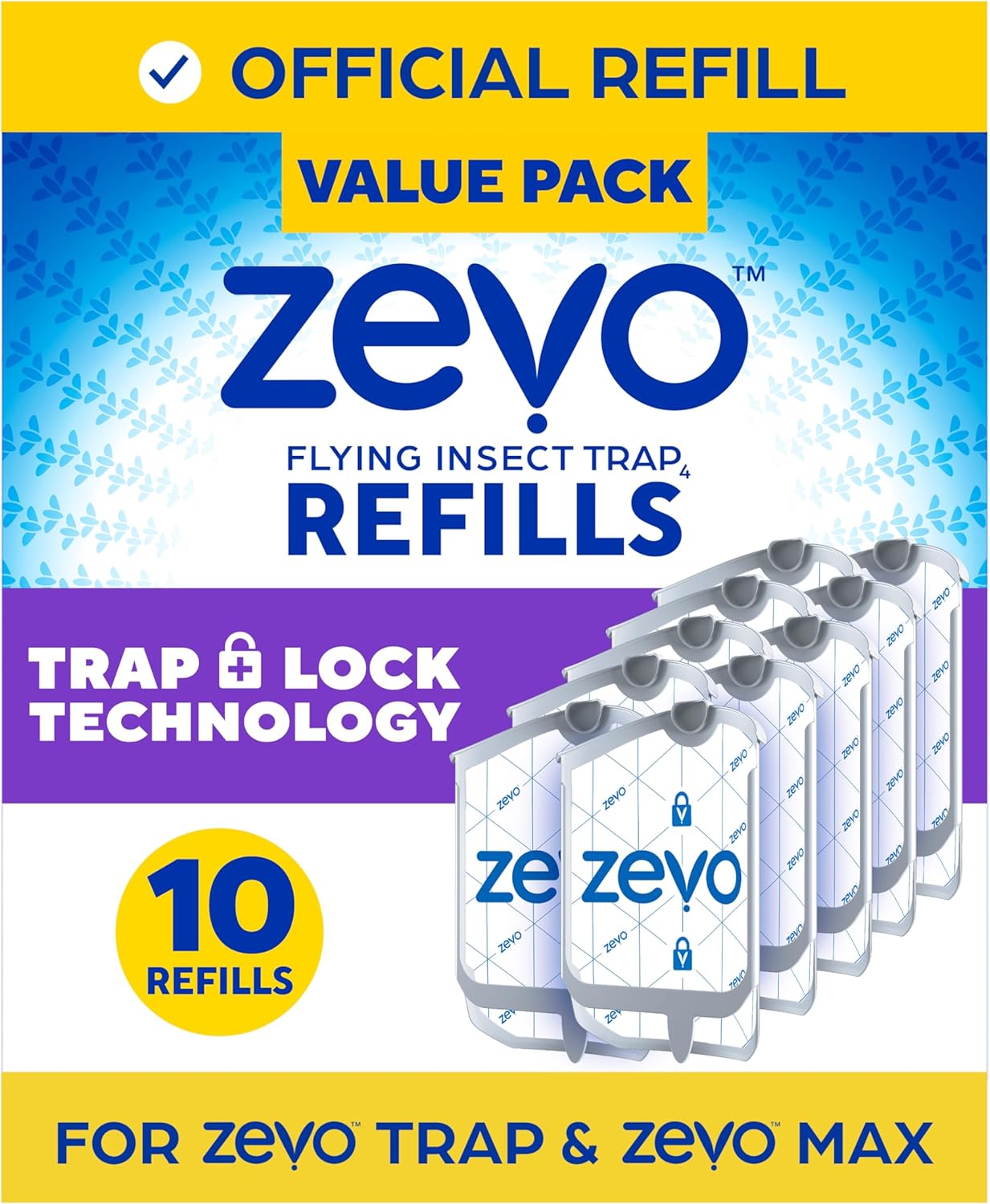 Zevo Flying Insect Trap Official Refill Cartridges - Fits Both Zevo Trap & MAX Indoor Fly Trap - Authentic Trap+Lock Technology to Catch Gnats, House & Fruit Flys (10 Official Refill Cartridges)