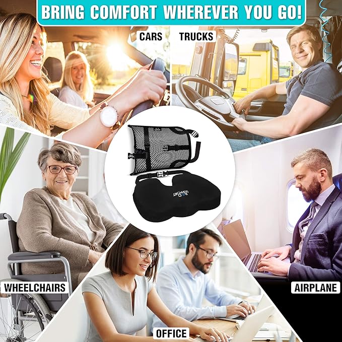 Bod Support Seat Cushions for Office Chairs with Lumbar Support, Desk Chairs, and Car Seats - Adjustable Straps and Non-Slip Ergonomic Design for Tailbone and Lower Back Pain Relief for All Day Use