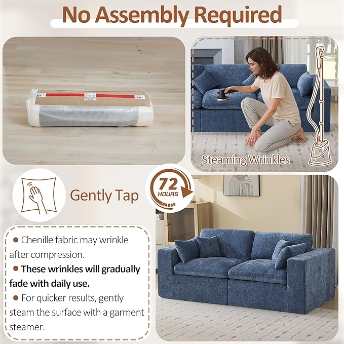 88''Cloud Boneless Sectional Couch, Modular Sectional Sofa Deep Seat, Upholstered Convertible Comfy Loveseat Chenille Memory Foam Sofa Couches for Living Room, Blue