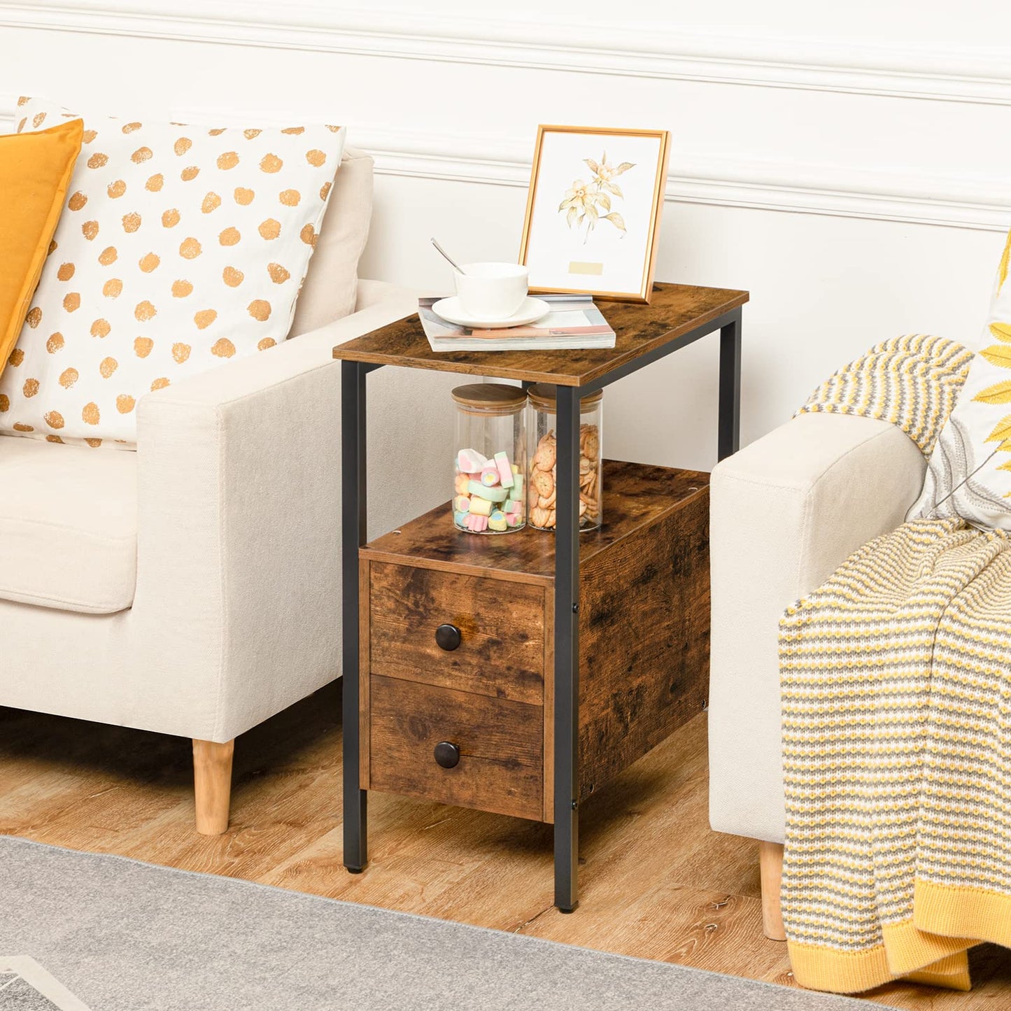 HOOBRO End Table, Narrow Chairside Table with Drawer and Open Storage Shelf, Nightstand for Small Spaces, Stable and Sturdy Construction, Wood Look Accent Furniture, Rustic Brown and Black BF548BZ01G2