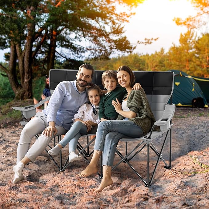 Teenyyou 3 Person Camping Chair Fully Padded Outdoor Oversized Loveseat Counch Double Camping Sofa with Cup Holder and Carry Bag for Lawn Beach Outdoor (Black, Camp Chair)