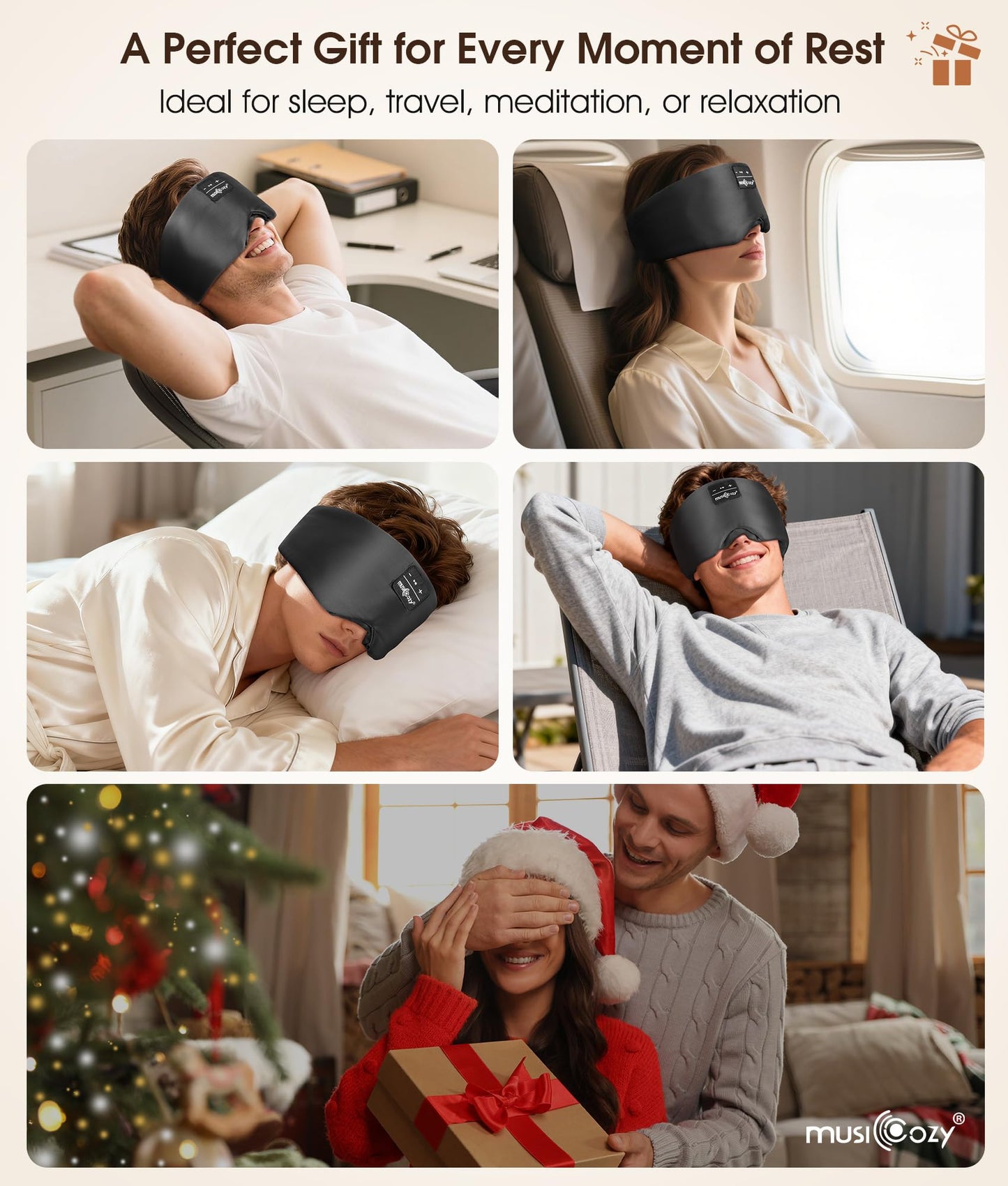 MUSICOZY 3D Silk Bluetooth Sleep Mask Headphones, Mulberry Silk Eye Mask with Ultra-Thin Wireless Speakers, Bluetooth 5.4 Sleeping Headphones for Side Sleepers, Music Sleep Mask Gifts for Men Women