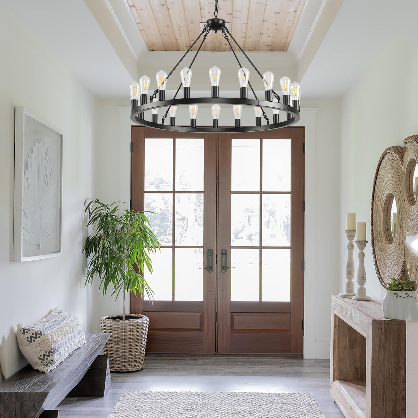 SARUDIIR 40 inch Black Wagon Wheel Chandelier 20-Light Farmhouse Round Wheel Chandeliers Hanging Light Fixture Outdoor Wagon Wheel Chandelier for Porch for High Ceilings Dining Room