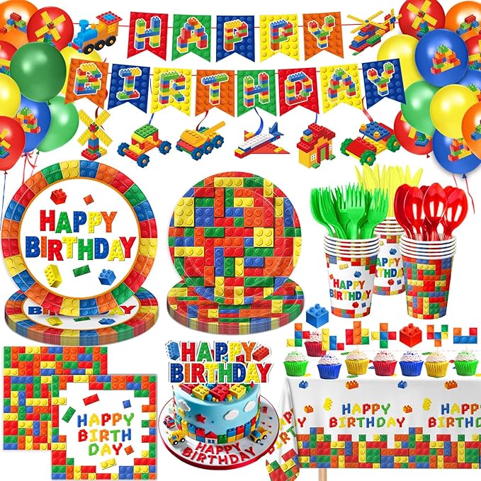 173 PCS Building Block Birthday Party Decorations - Plates, Napkins, Cups, Cutlery, Cake & Cupcake Toppers, Banner, Hangin...