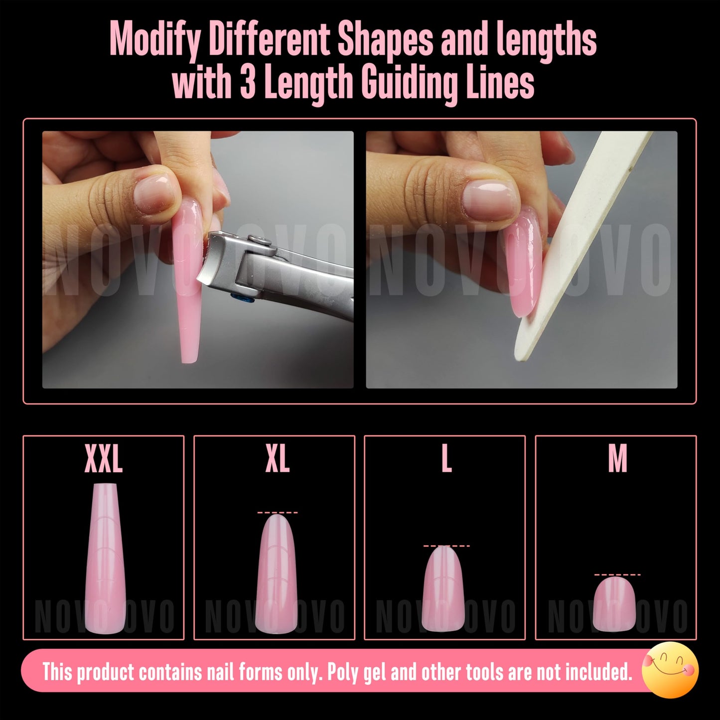 NOVO OVO Tapered Square (Natural not Sculpted) Nail Dual Forms for Poly Gel Extension with Guiding Line Inside, XL XXL Reusable