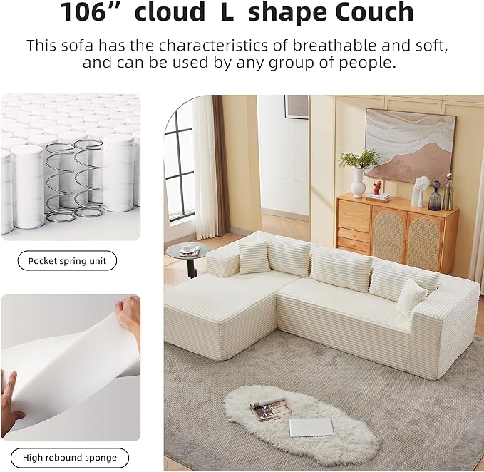 107" Modular Sectional Sofa, L-Shaped Cloud Couch with Deep Seat, Boneless Fluffy Corduroy Sofa for Living Room, No Assembly Required, (Left Facing Chaise,Beige)