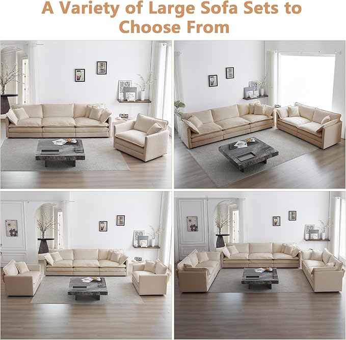 mikibama Luxury Modular Sectional Sofa, 111.5" Modern Chenille Comfy Cloud Couches for Living Room Office, 3 Seater Deep Sofa with 2 Armrest Pillows and 3 Toss Pillows, Light Coffee