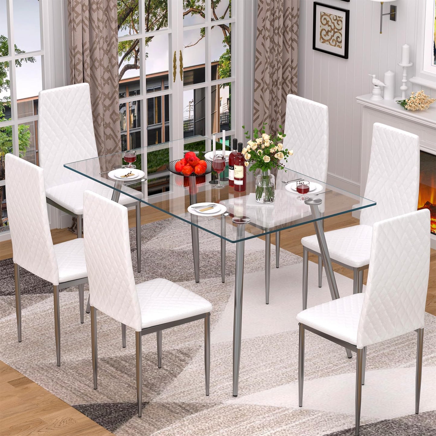 QJZLXKYT Glass Dining Table Set, Glass Dining Room Table with Chairs for 6 People, 7 Piece Kitchen Table and Chairs Set, Modern Style, Perfect for Small Space, Easy Assembly (Include 6 White Chairs)