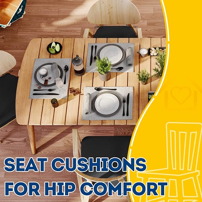 AAAAAcessories D-Shaped Chair Cushions, 2" Thick Dining Chair Pads with Ties and Removable, Machine-Washable Cover, 17" x 16", Set of 6, Black