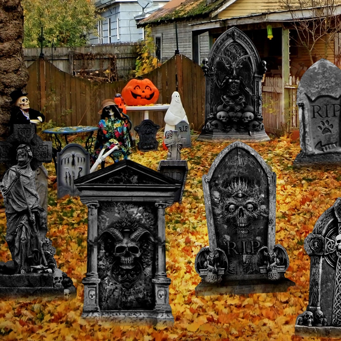 ontigola 26 Inch Halloween Graveyard Tombstones Yard Stakes Signs Large 6 Styles Outdoor Headstones for Cemetery Halloween RIP Graveyard Tombstones Outdoor Props Yard Decorations with Metal Stakes