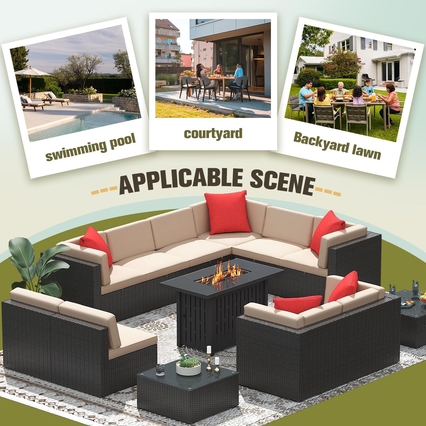 Greesum Patio Furniture 13-Pieces Outdoor PE Rattan Sectional Sofa w/43in Gas Fire Pit Table Sets 55000 BTU Add Warmth to Gatherings Parties On Deck Garden Backyard,Beige