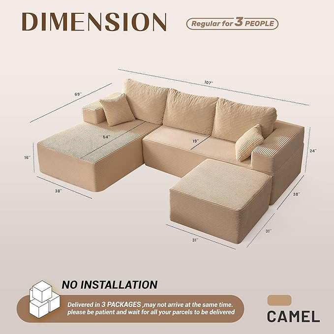 Afuson 107" Boneless Couch with Deep Seat, Modular Sectional Sofa, Cloud Sectional Couch for Living Room, No Assembly Required, Corduroy, U-Shape 3 Seater Left, Camel