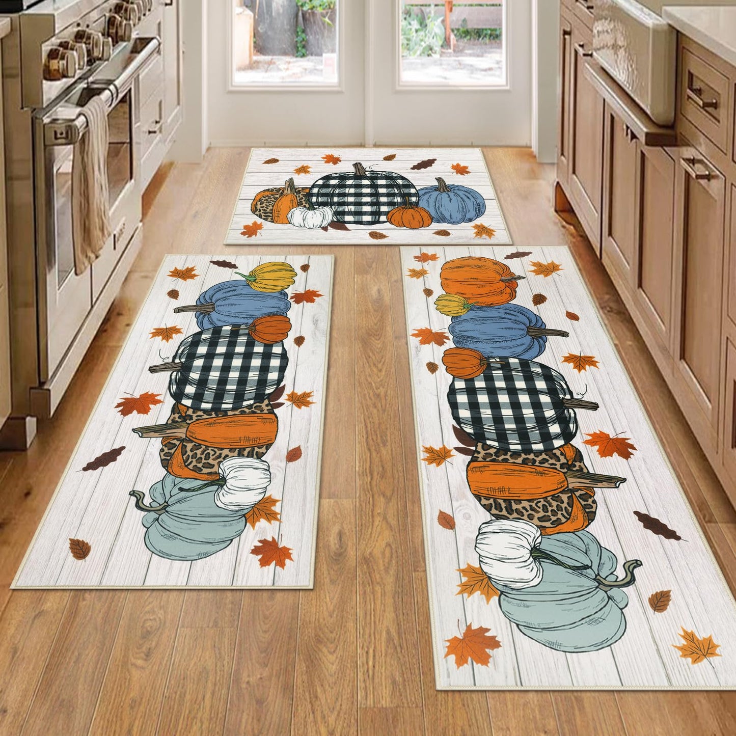 SHACOS Fall Pumpkins Kitchen Rug Sets of 3 Piece Non Slip Washable Kitchen Mats for Floor Autumn Harvest Farmhouse Floor Carpet for Hallway Entryway
