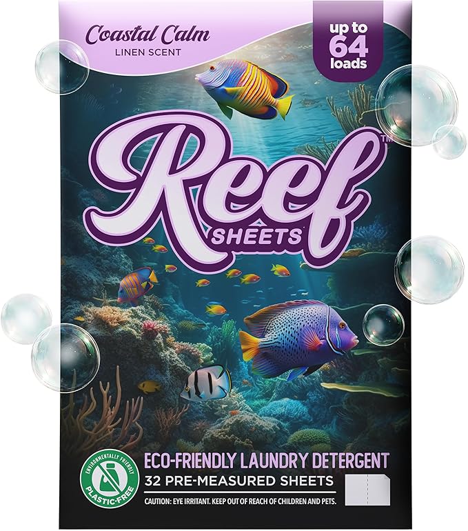 Reef Sheets Laundry Detergent Sheets, 64 loads, Hypoallergenic & Plastic-Free Eco-Friendly Packaging, Gentle on Skin, Tough on Stains, Travel-Friendly, Coastal Calm Linen Scent, 32 ct