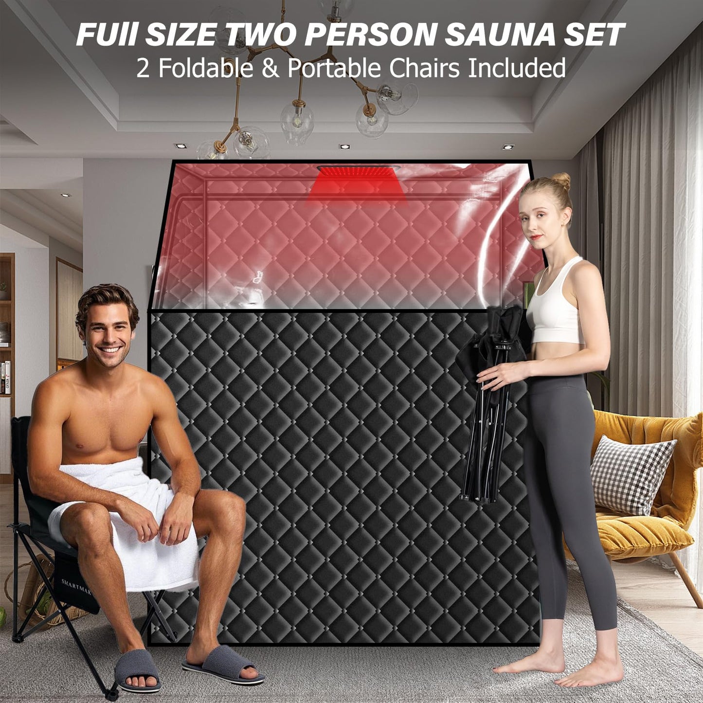 Smartmak Two Person Portable Far Infrared Sauna for Home, Full View X-Large Sauna Box with 660nm Red Light Therapy Lamp, 6 Heaters, Indoor SPA Room for Relaxaion, Remote Control, 2 Big Folding Chairs