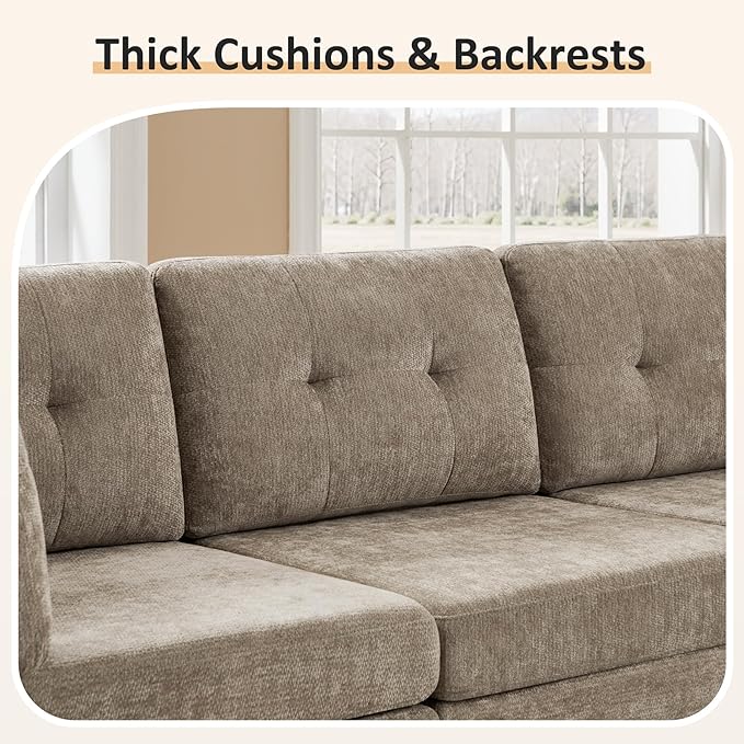 VANOMi 118" Modular Cloud Sofa with Ottoman, 4 Seater Modular Sectional Sofas & Couches for Living Room, Cozy Chenille Cloud Sectional Couch Sofas for Living Room, Apartment, Office, Camel, L Shaped