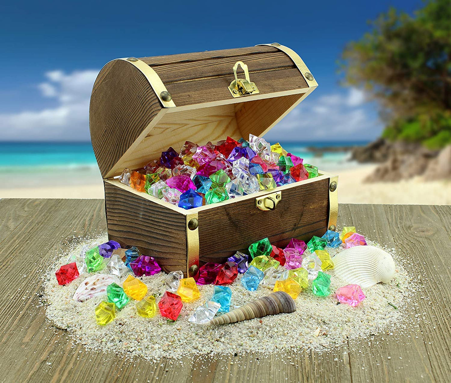 Attatoy Wooden Pirate Treasure Chest with 240 Colored Jewels (Plastic Gems); 6 x 4.5 x 5 Antique Style Wood Box; 1 Lb. Acrylic G