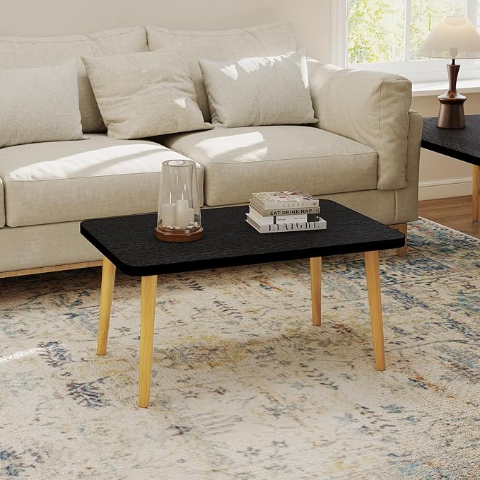Funecy Coffee Table Low Table with Solid Wood Sturdy Legs, Floor Table Desk for Sitting on The Floor, Storage and Living Room Furniture (Black-Square)