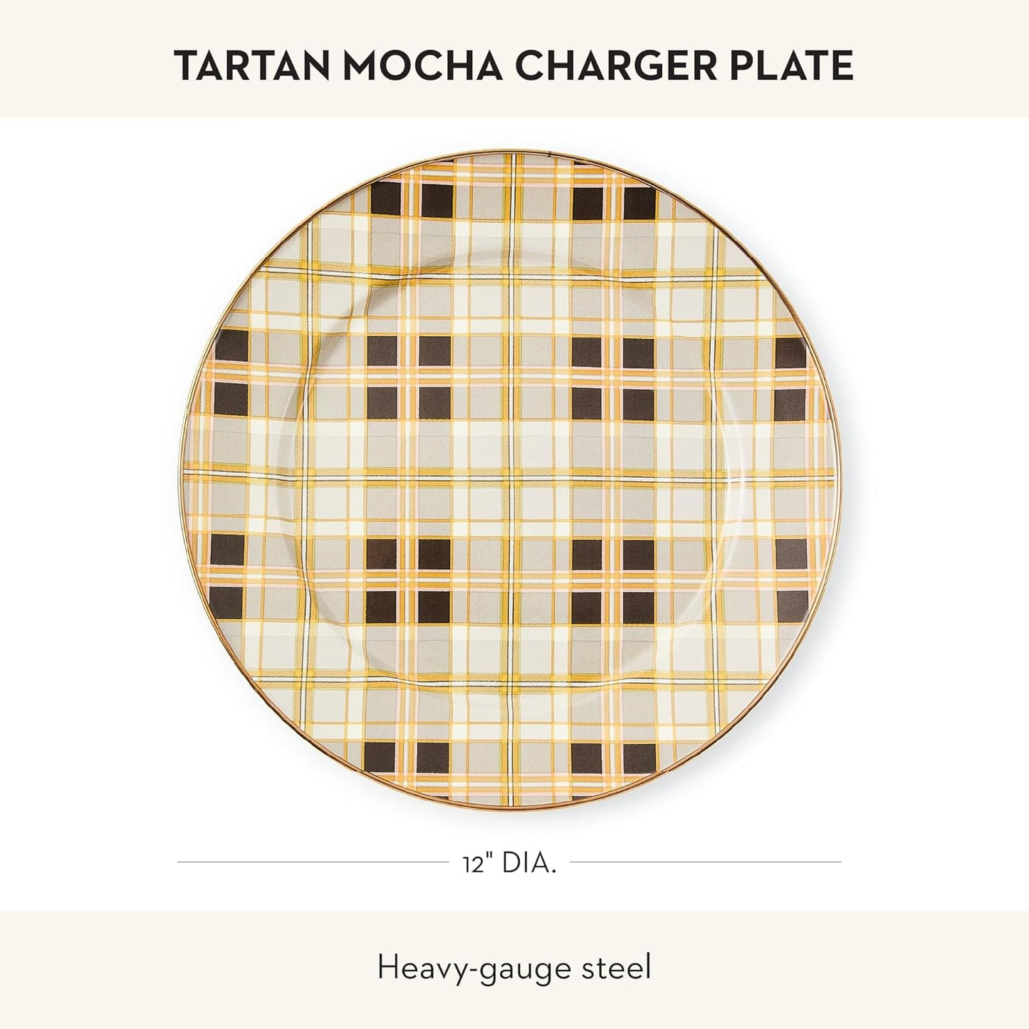MACKENZIE-CHILDS Enamel Charger Plate, Charger Decoration Plate for Dinner Plates or Home Decor, 12 Inches, Brown-and-Gold Tartan Mocha