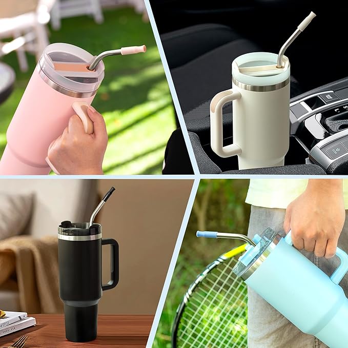 Metal Straws with Silicone Tip for Stanley 40 oz Tumbler,Reusable Straws for 40 oz Tumbler,3 Bendy 13.3" and 3 Light Gray Silicone StrawTips,1 Straw Cleanr Brush