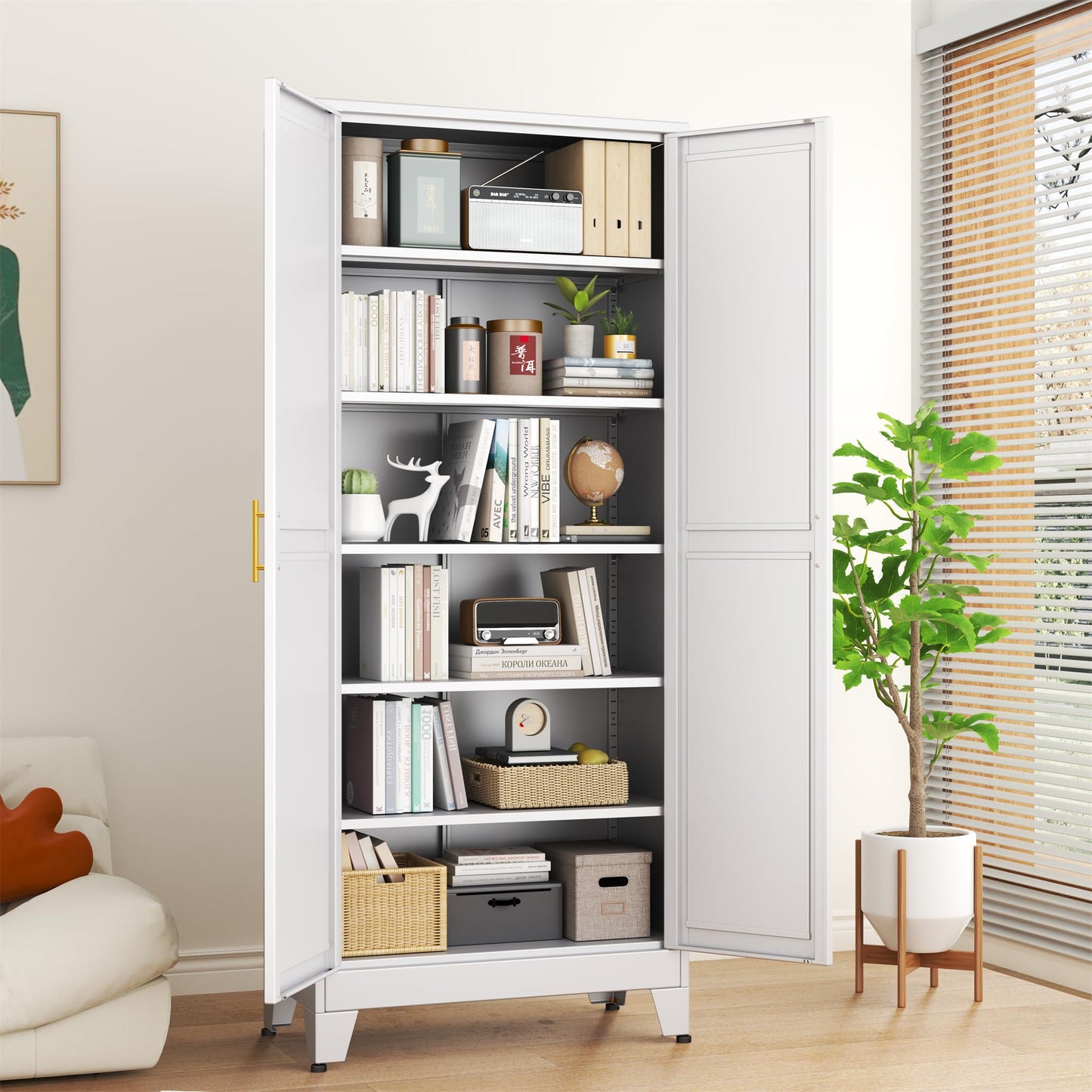 erosoei 75.2”H Metal Kitchen Pantry Storage Cabinet, Storage Cabinets with Adjustable Feet and Shelves,Food Pantries Cupboard for Kitchen, Living Room, Laundry Room and Dinning Room（White）