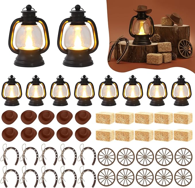 50 PCS Western Theme Party Centerpiece - Cowboy Decor with Mini Hay Bales, Cowboy Hat, Black Lantern, Horseshoe Wagon Whee...