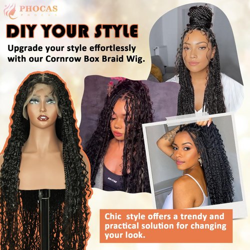 PHOCAS Boho Braid Wig 48'',Knotless Braided Wigs Natural Black,Curly Ended Double Full Lace Box Braids Wig for Women