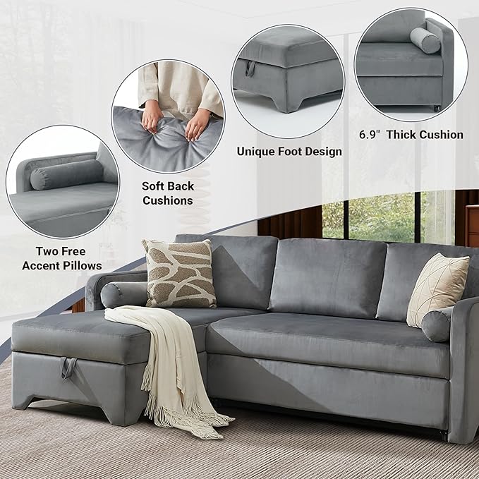 Tbfit 90.6'' 3 in 1 Sleeper Sofa Couch with Storage Chaise, Velvet Sofa Bed with Pull Out Bed, Convertible Sleeper Sofas for Living Room, Small Spaces, Grey