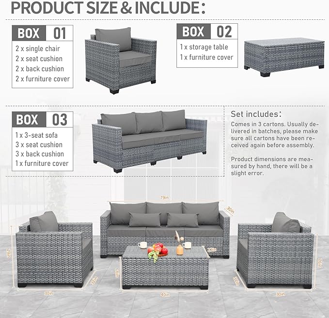 4 Piece Wicker Patio Furniture Sets Outdoor Conversation Set PE Rattan Sectional Sofa Couch with Storage Table and Grey Cushions