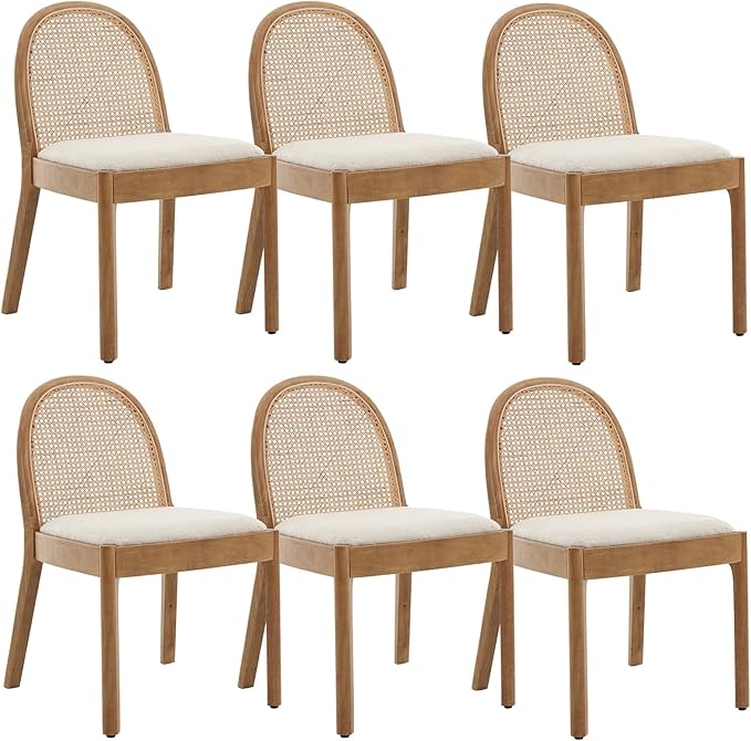 DUOMAY Mid-Century Modern Rattan Dining Chairs Set of 6, Wooden Dining Room Chair with Cane Backrest and Padded Seat, Sherpa Upholstered Dining Chair, Natural Finish, White