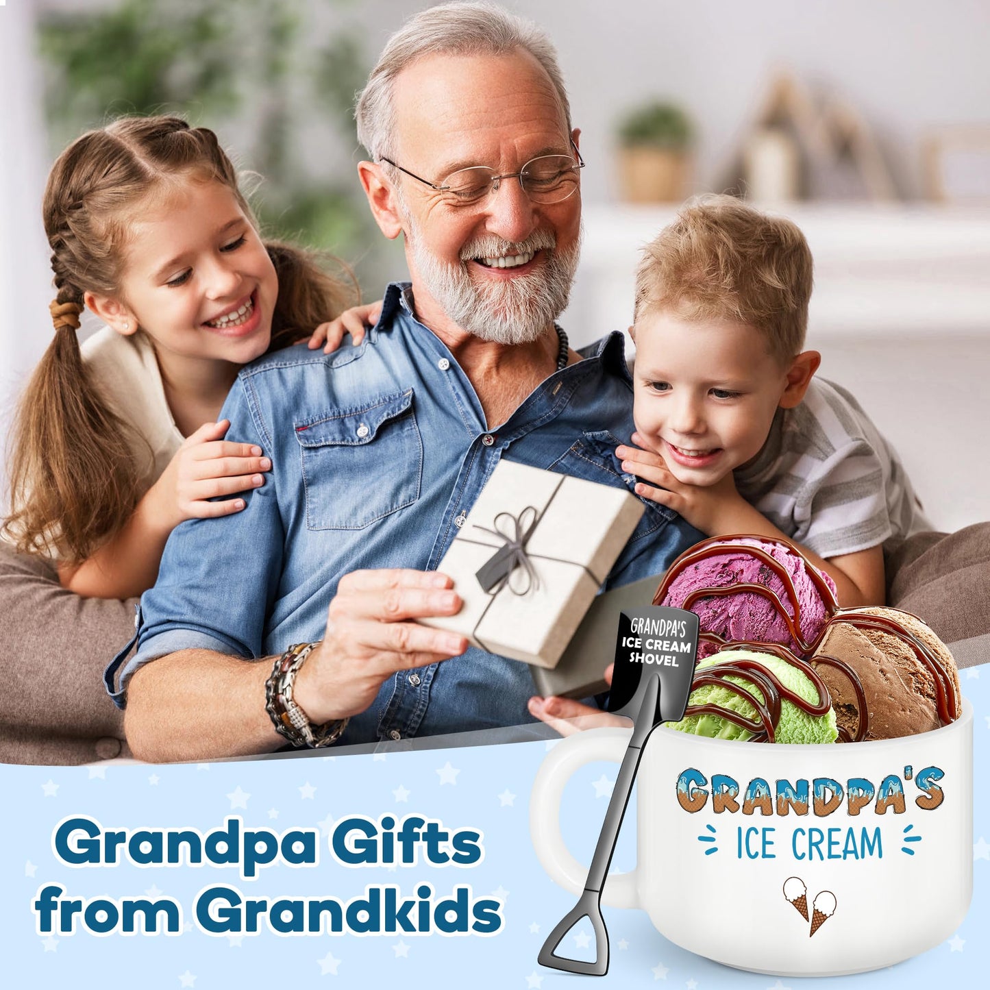 Grandpa Christmas Birthday Gifts,Best Grandpa Ever Gifts from Grandkids,Great Xmas Present for Grandfather Grandparents Papa from Granddaughter Grandson,Funny Ice Cream Bowl with Shovel Spoon Set Gift