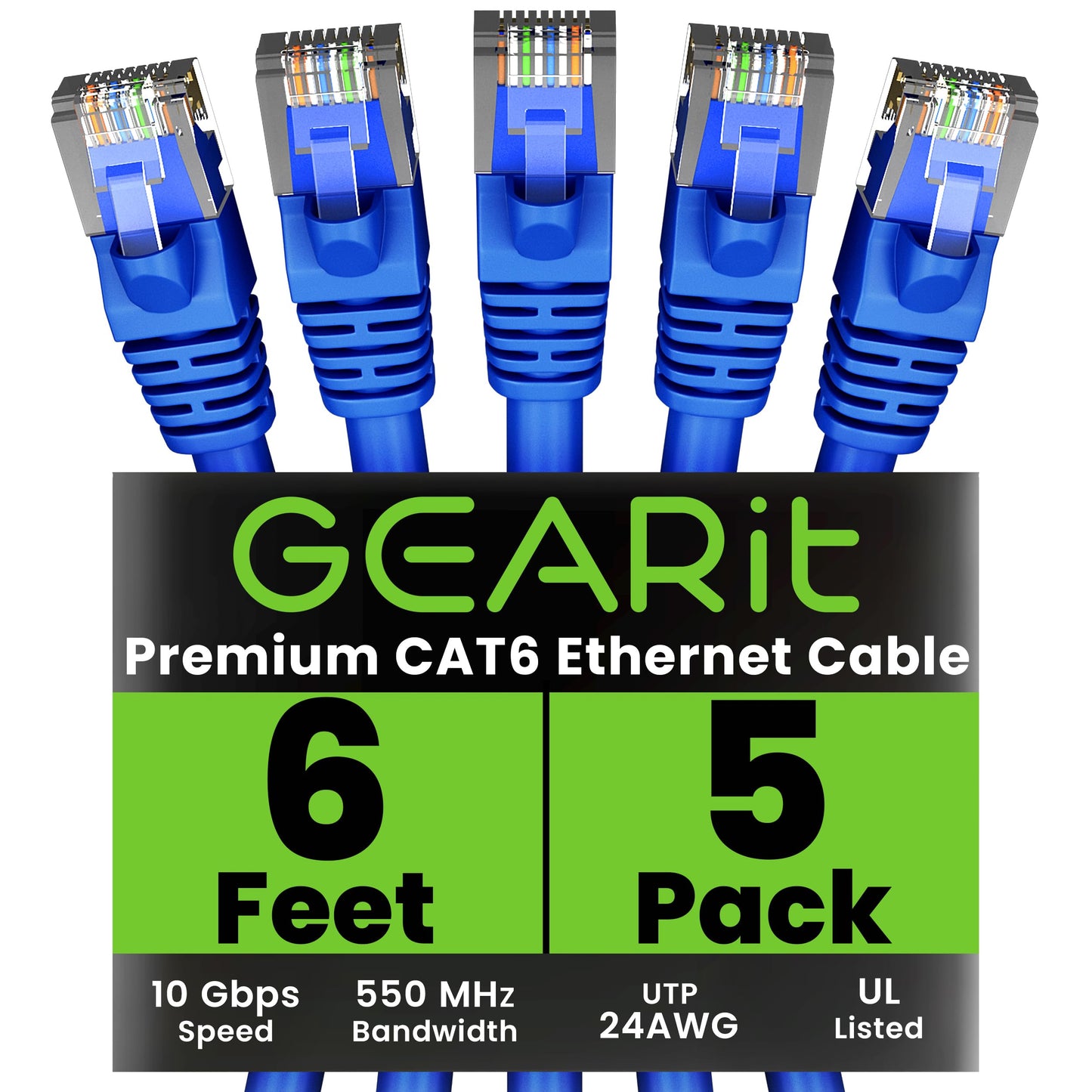 Gearit Cat 6 Ethernet Cable Pack - 5-Pack 6 Ft Cat6 Ethernet Patch Cables | Rj45 Network Patch Cable, 10 Gbps Snagless Gold-Plat