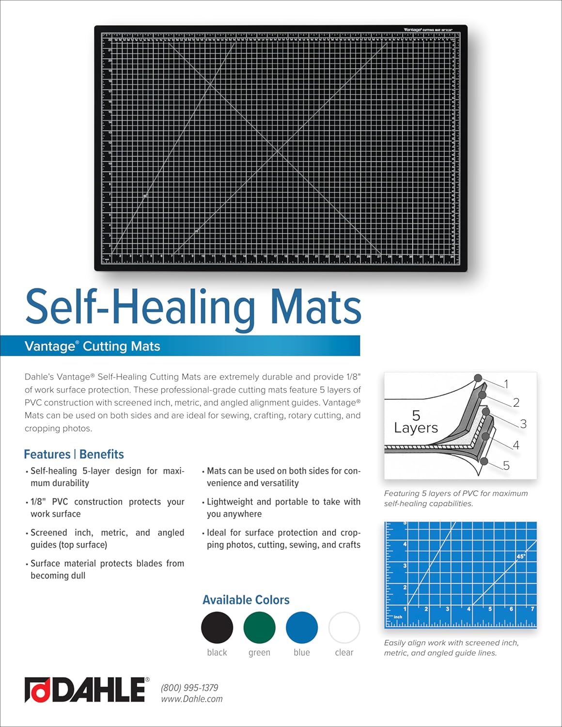 Dahle Vantage 10473 Premium Self-Healing Cutting Mat, 24"x36", 1/2" Grid, 5 Layers for Max Healing, Perfect for Crafts & Sewing, Green