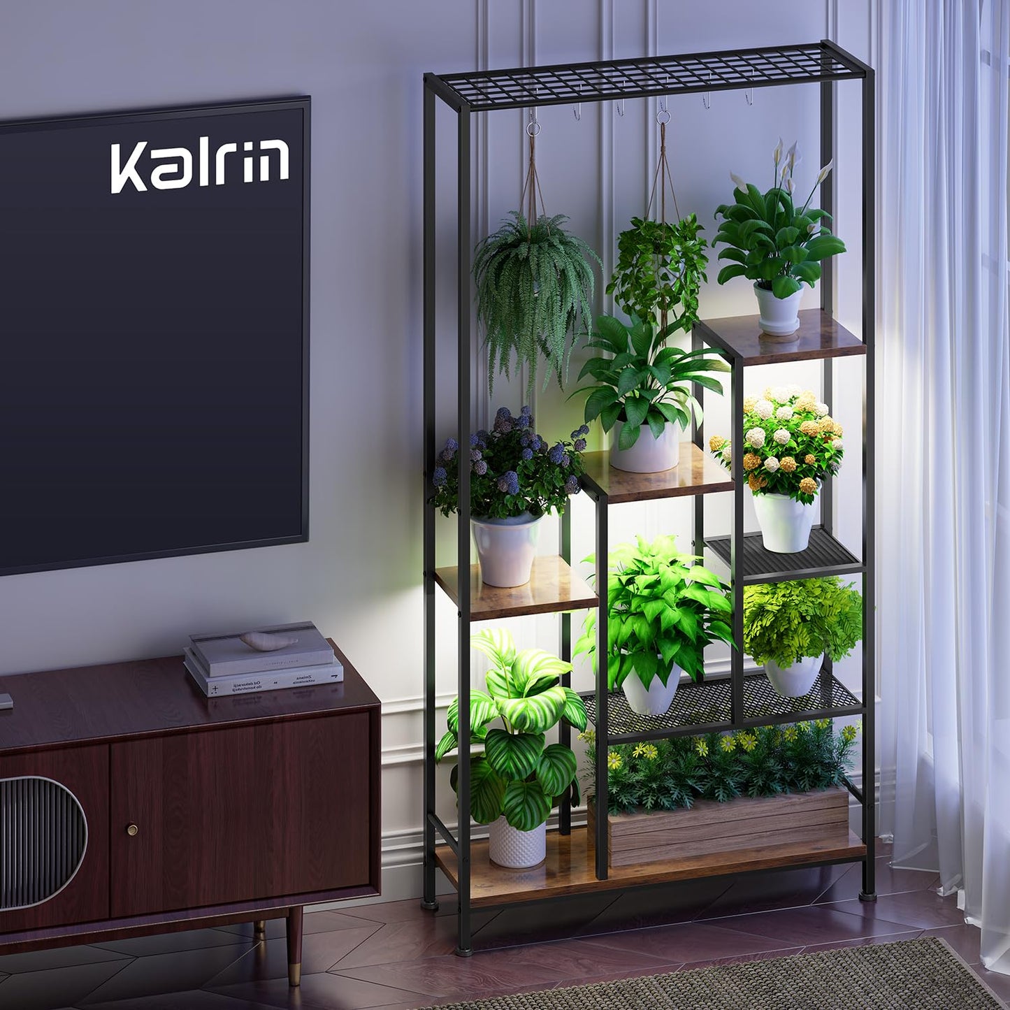 Plant Stand Indoor with Grow Lights - 7-Tier Metal Wooden Plant Shelf Indoor, 67.7" Tall Plant stand, Corner Plant Stand for Living Room, Balcony, Patio & Corner (Rustic Brown)