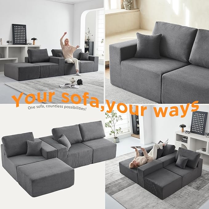 INGEROOM 108" Cloud Sectional Couch with Chaise, Modular L-Shaped Sofa, Deep Seat Comfy Corduroy Memory Foam Couch for Apartments, Dorms or Small Space, No Assembly Required, Dark Grey