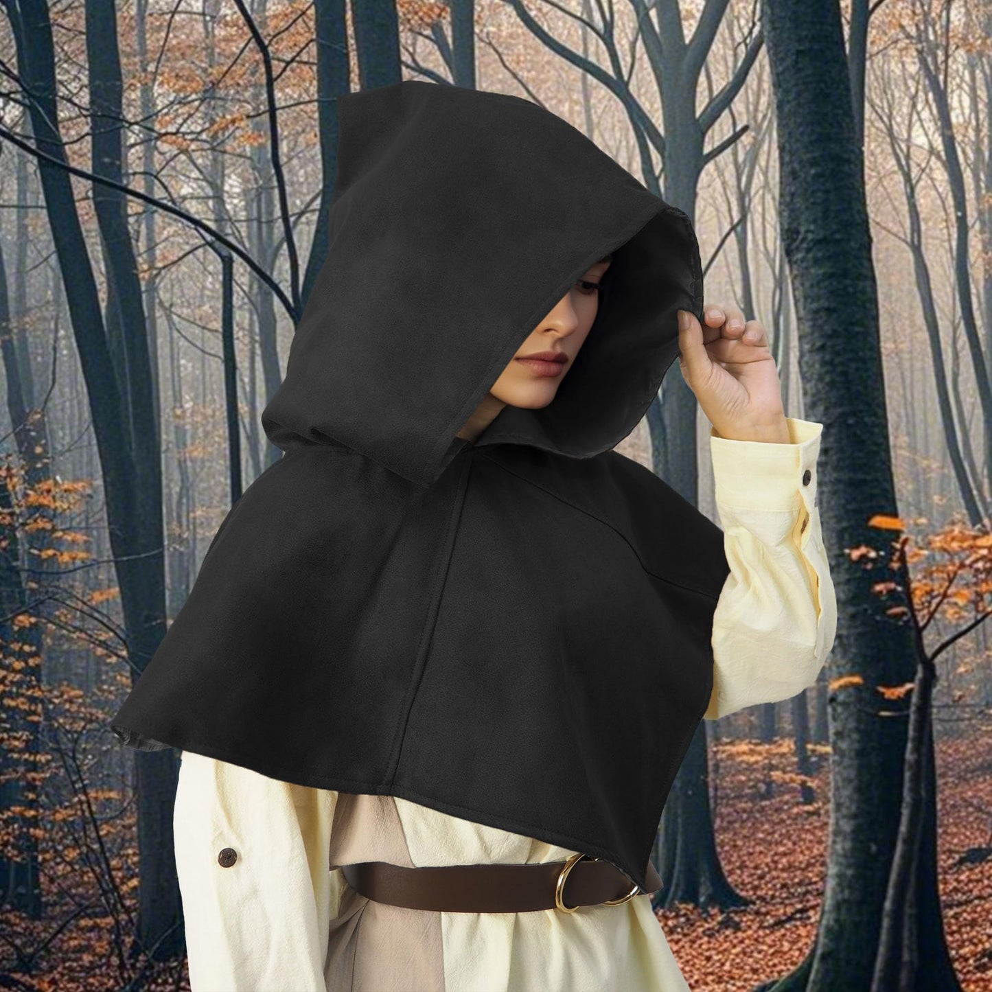Retro Medieval Hooded Cape for Halloween Cosplay - Compact Renaissance Costume Accessory for Women & Men (Black)