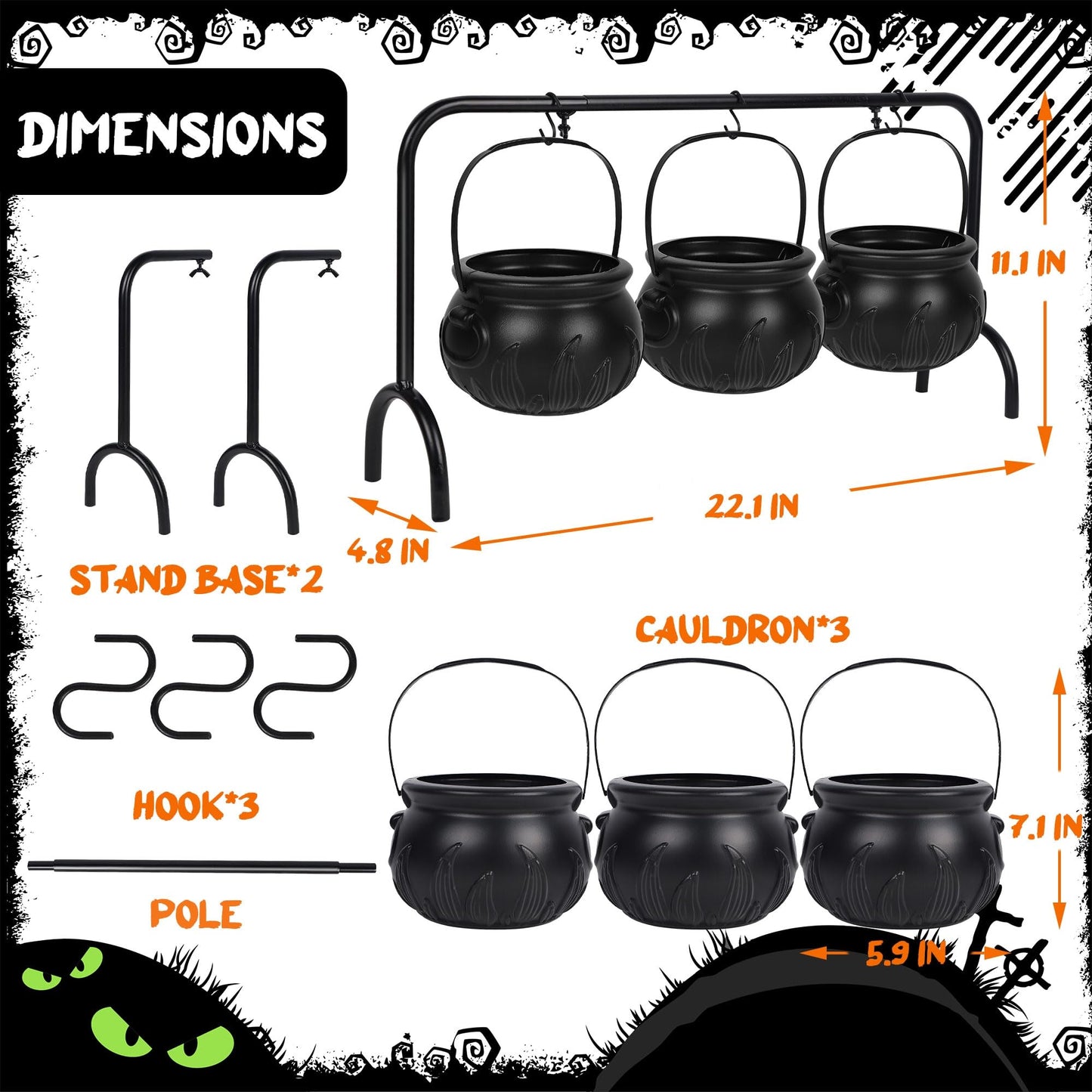 Zcaukya St. Patrick's Day Decorations, 3 Packs Plastic Witch Cauldrons Hanging On Iron Rack, Black Witch Pots Set with Stand Candy Holders for Haunted House Party Supplies Tabletop Decor